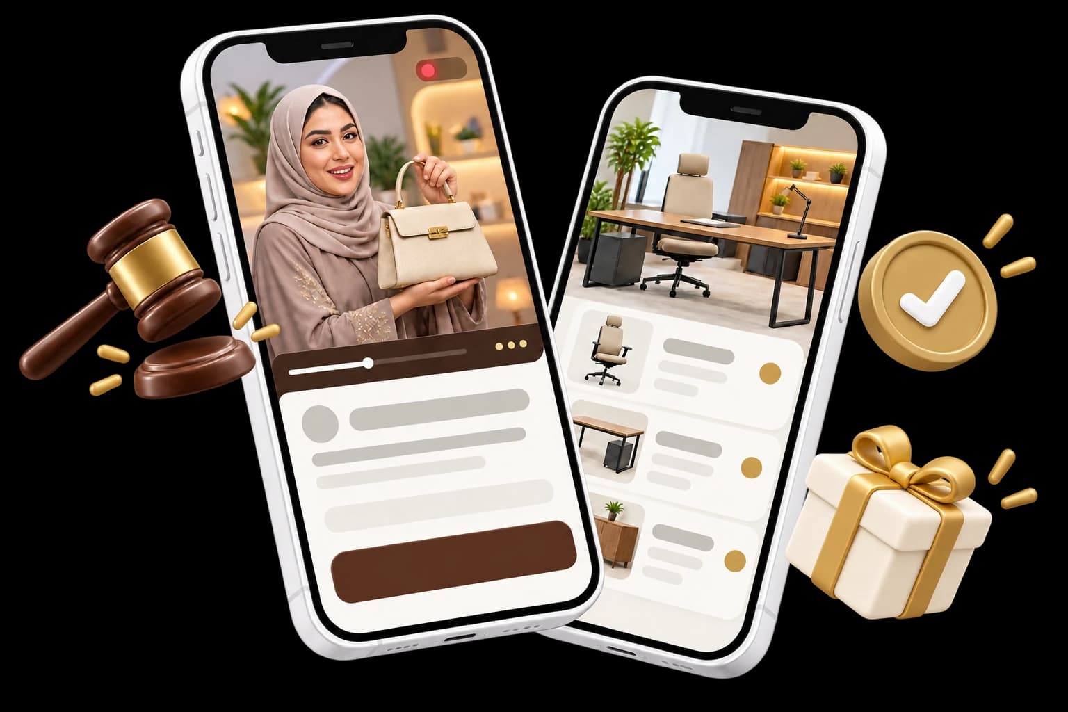 رسم تصوّري: هاتف يعرض بائعة تقدّم حقيبة يد في بث مباشر، وهاتف يعرض قائمة أثاث مكتبي لمناقصة.
